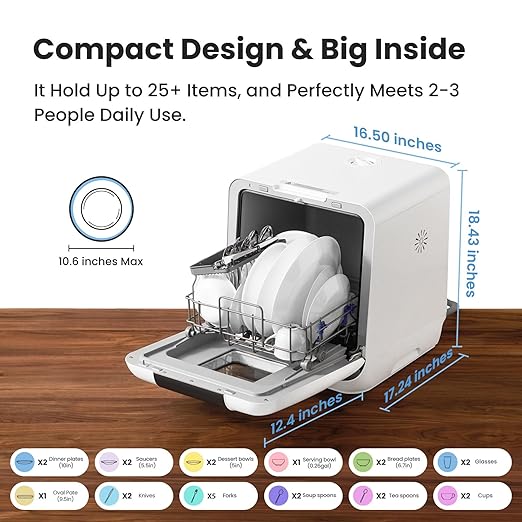 Countertop Portable Dishwasher:6L Tank, 7 Programs, UV Hygiene, Auto Door Open (White) - For Apartments/Dorms/RVs