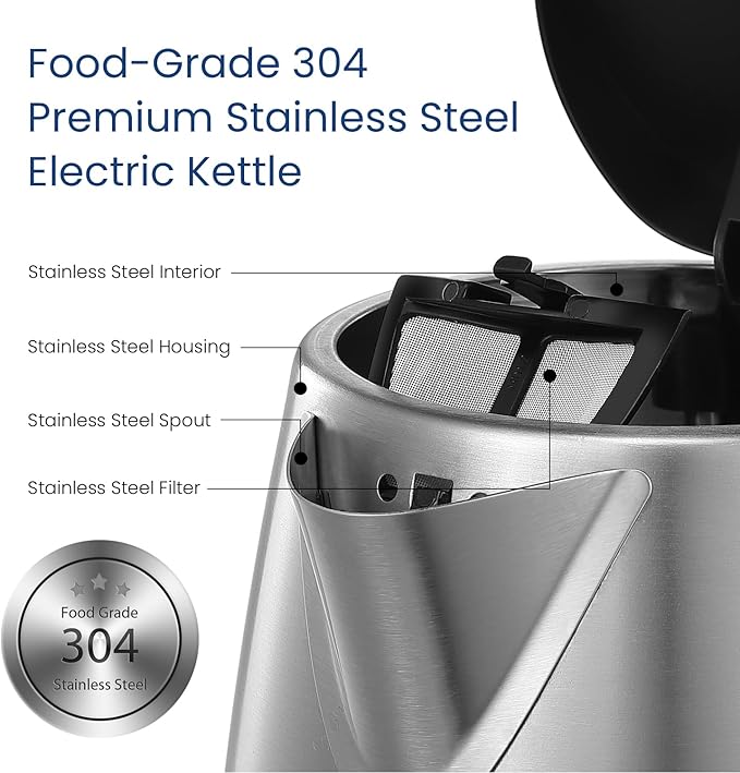 Stainless Steel Electric Kettle, 1.7L Fast Boil with LED Light, Auto Shut-Off & Boil-Dry Protection
