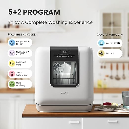 Countertop Portable Dishwasher:6L Tank, 7 Programs, UV Hygiene, Auto Door Open (White) - For Apartments/Dorms/RVs
