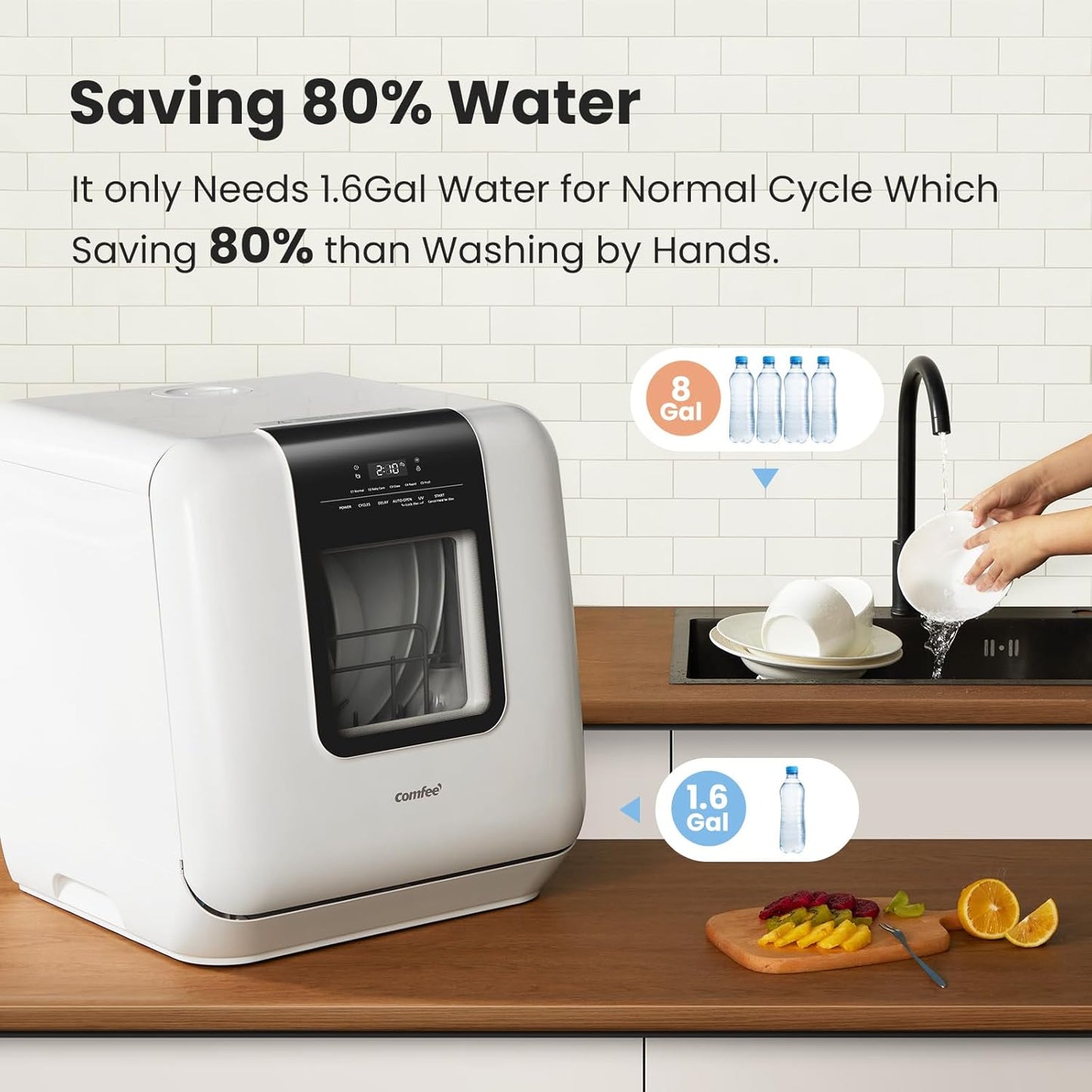 Countertop Portable Dishwasher:6L Tank, 7 Programs, UV Hygiene, Auto Door Open (White) - For Apartments/Dorms/RVs