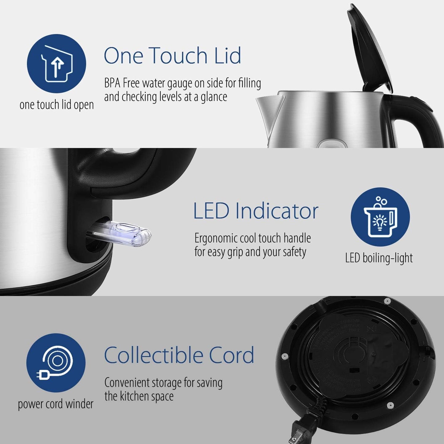 Stainless Steel Electric Kettle, 1.7L Fast Boil with LED Light, Auto Shut-Off & Boil-Dry Protection