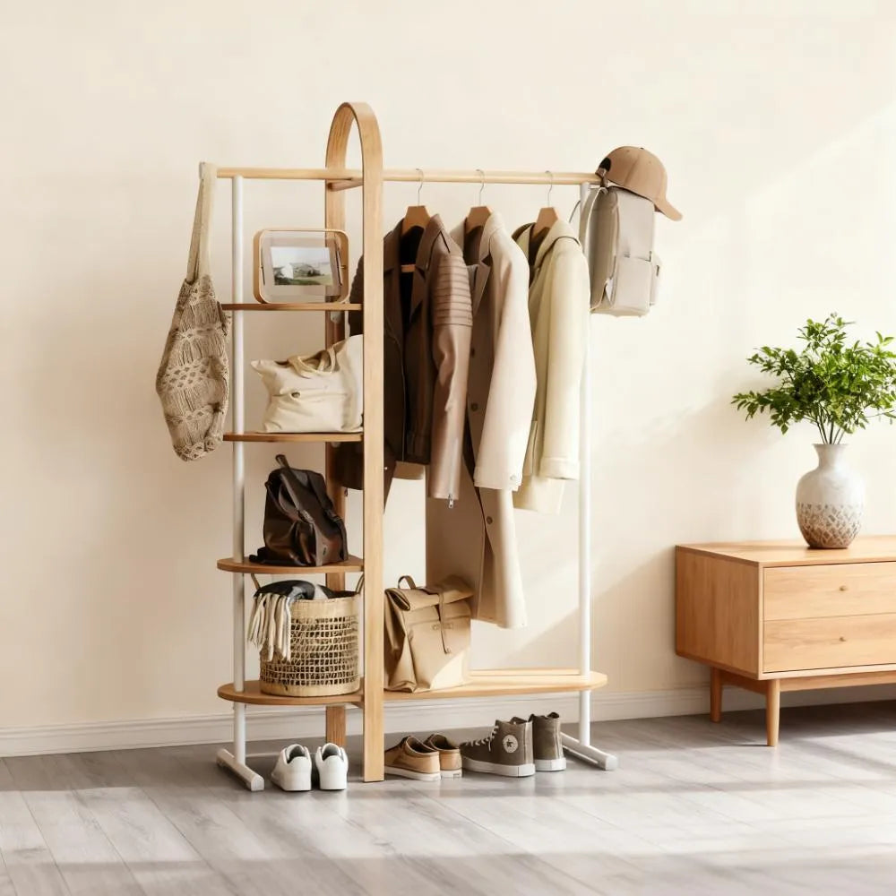 Multi-Functional 4-Tier Bentwood Clothing Rack - 121lb Capacity Space-Saving Shoe & Apparel Organizer with Steel Rod