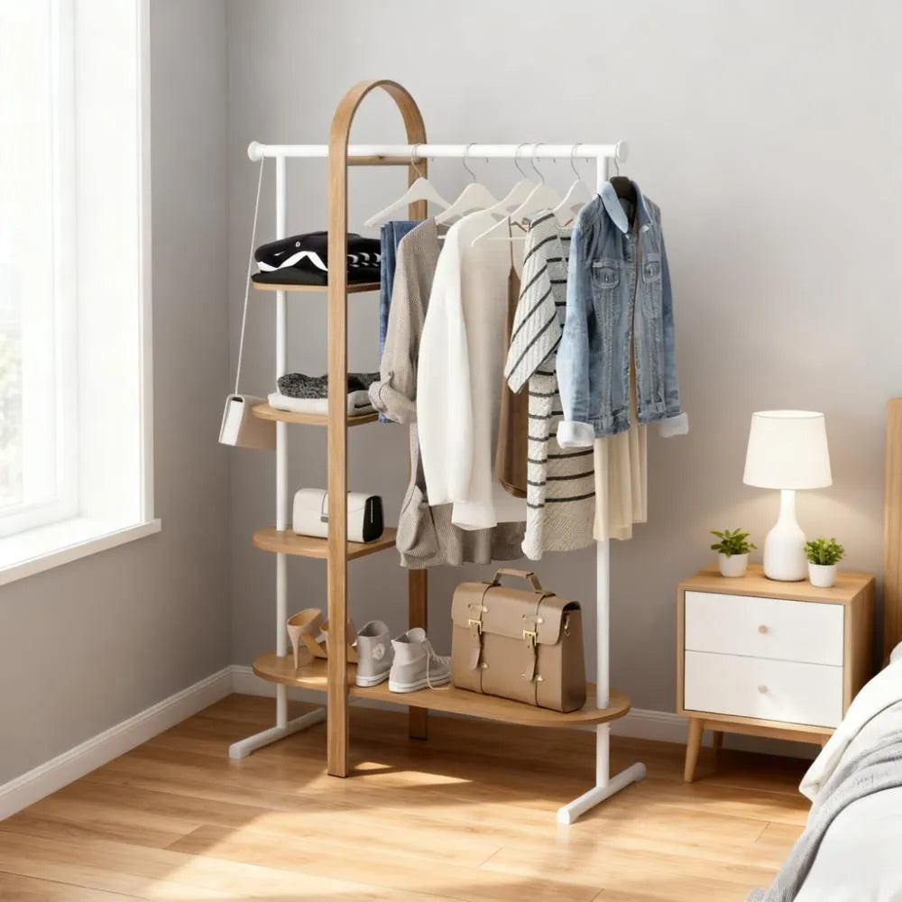 Multi-Functional 4-Tier Bentwood Clothing Rack - 121lb Capacity Space-Saving Shoe & Apparel Organizer with Steel Rod