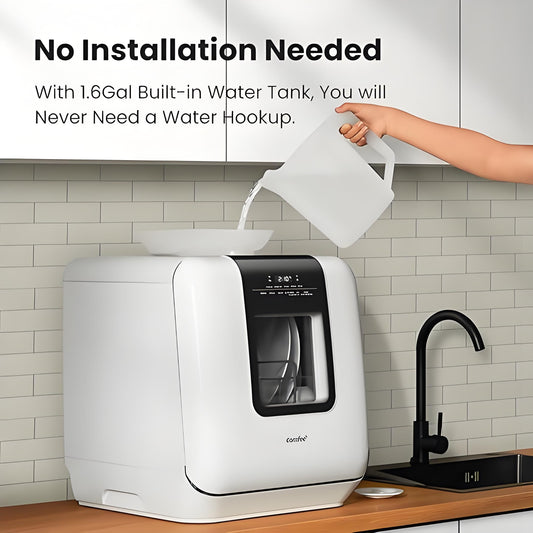 Countertop Portable Dishwasher：6L Tank, 7 Programs, UV Hygiene, Auto Door Open (White) - For Apartments/Dorms/RVs