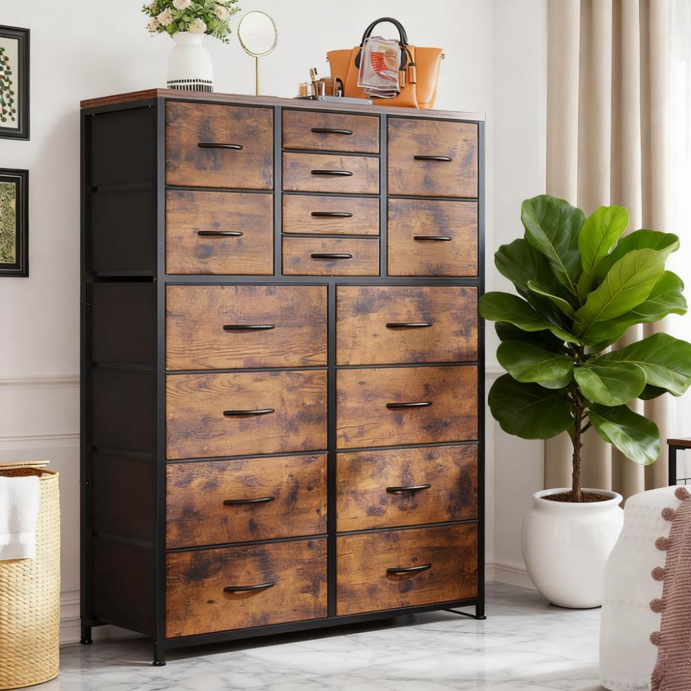 16-Drawer Tall Fabric Dresser - Wood Top & Metal Frame, Spacious Storage for Bedroom & More