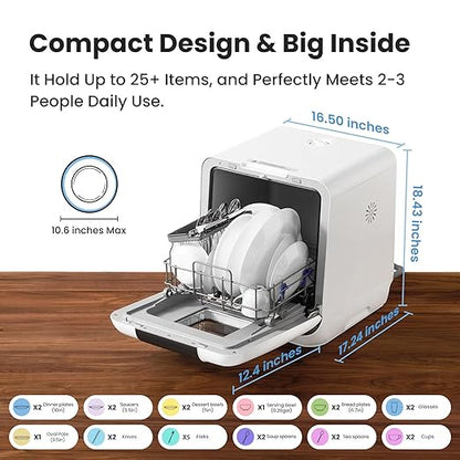 Countertop Portable Dishwasher：6L Tank, 7 Programs, UV Hygiene, Auto Door Open (White) - For Apartments/Dorms/RVs