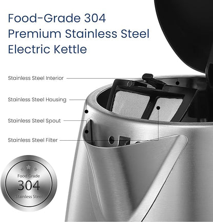Stainless Steel Electric Kettle, 1.7L Fast Boil with LED Light, Auto Shut-Off & Boil-Dry Protection