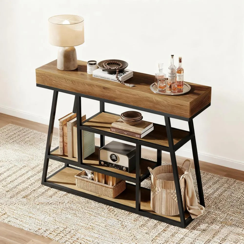 4-Tier Hallway Table - Vintage Wood Grain & Black Metal, 4.72" Thick Top for Storage & Decoration