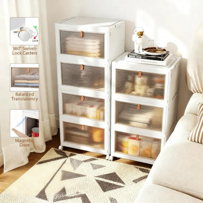 92QT 4-Tier Stackable Storage Bins - Magnetic Foldable Organizer with Wheels