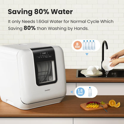 Countertop Portable Dishwasher：6L Tank, 7 Programs, UV Hygiene, Auto Door Open (White) - For Apartments/Dorms/RVs