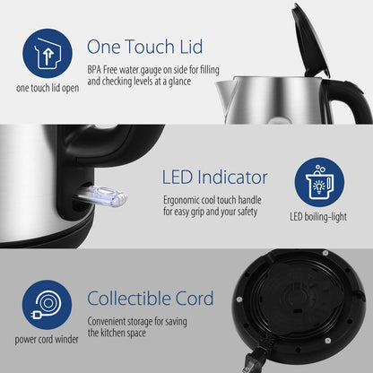 Stainless Steel Electric Kettle, 1.7L Fast Boil with LED Light, Auto Shut-Off & Boil-Dry Protection