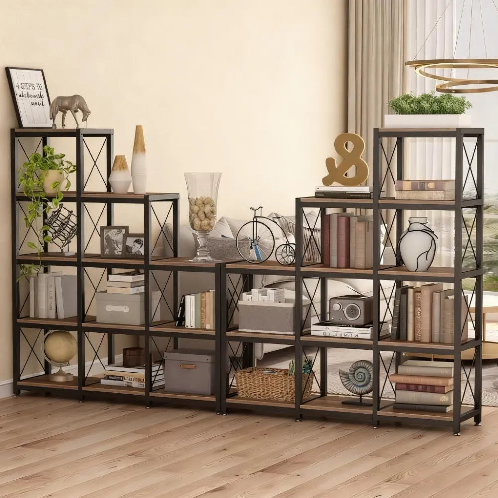 5-Tier 9-Cube Rustic Ladder Bookshelf with 12 Shelves