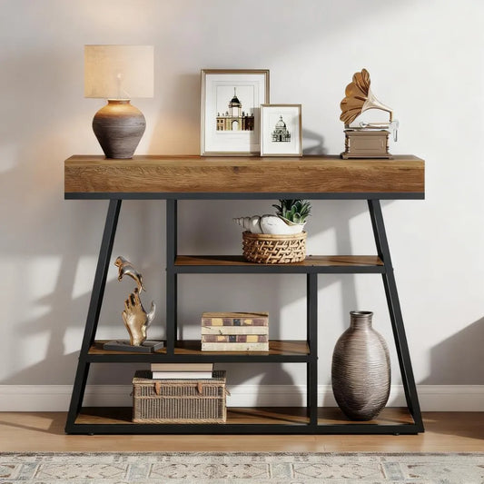 4-Tier Hallway Table - Vintage Wood Grain & Black Metal, 4.72" Thick Top for Storage & Decoration
