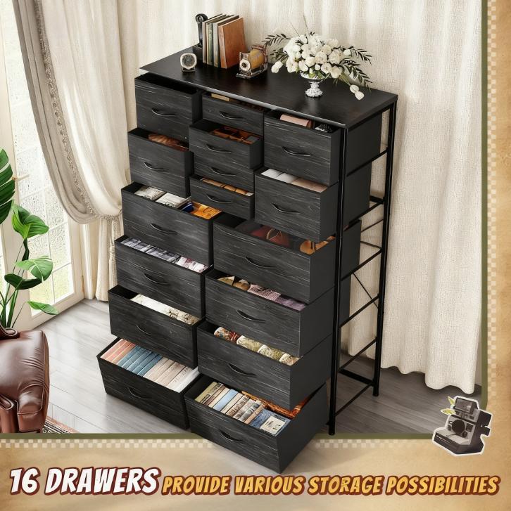16-Drawer Tall Fabric Dresser - Wood Top & Metal Frame, Spacious Storage for Bedroom & More
