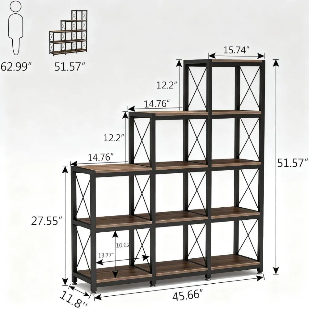 5-Tier 9-Cube Rustic Ladder Bookshelf with 12 Shelves