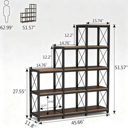 5-Tier 9-Cube Rustic Ladder Bookshelf with 12 Shelves