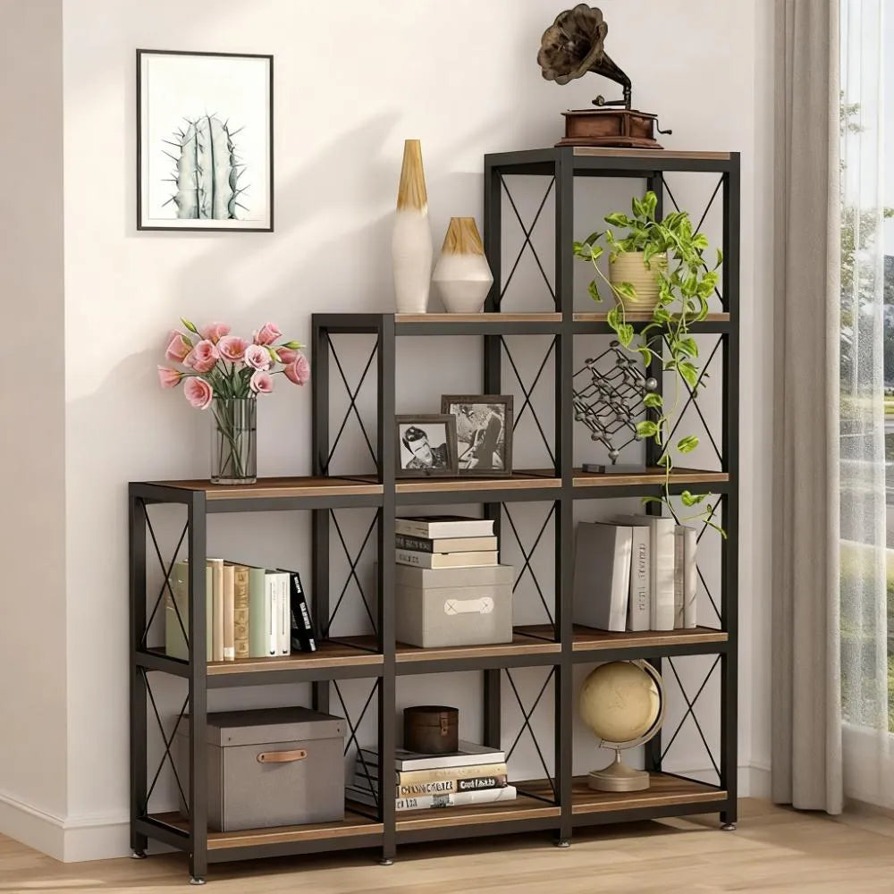 5-Tier 9-Cube Rustic Ladder Bookshelf with 12 Shelves