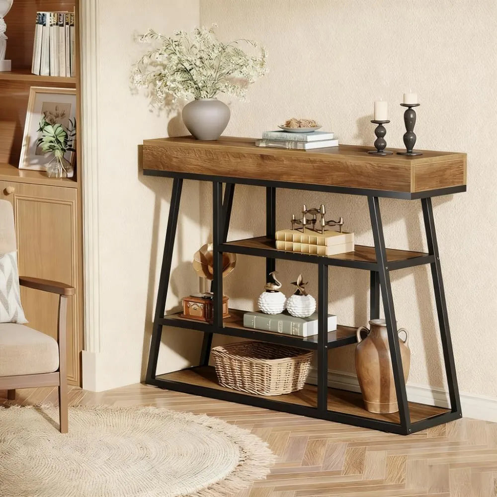 4-Tier Hallway Table - Vintage Wood Grain & Black Metal, 4.72" Thick Top for Storage & Decoration