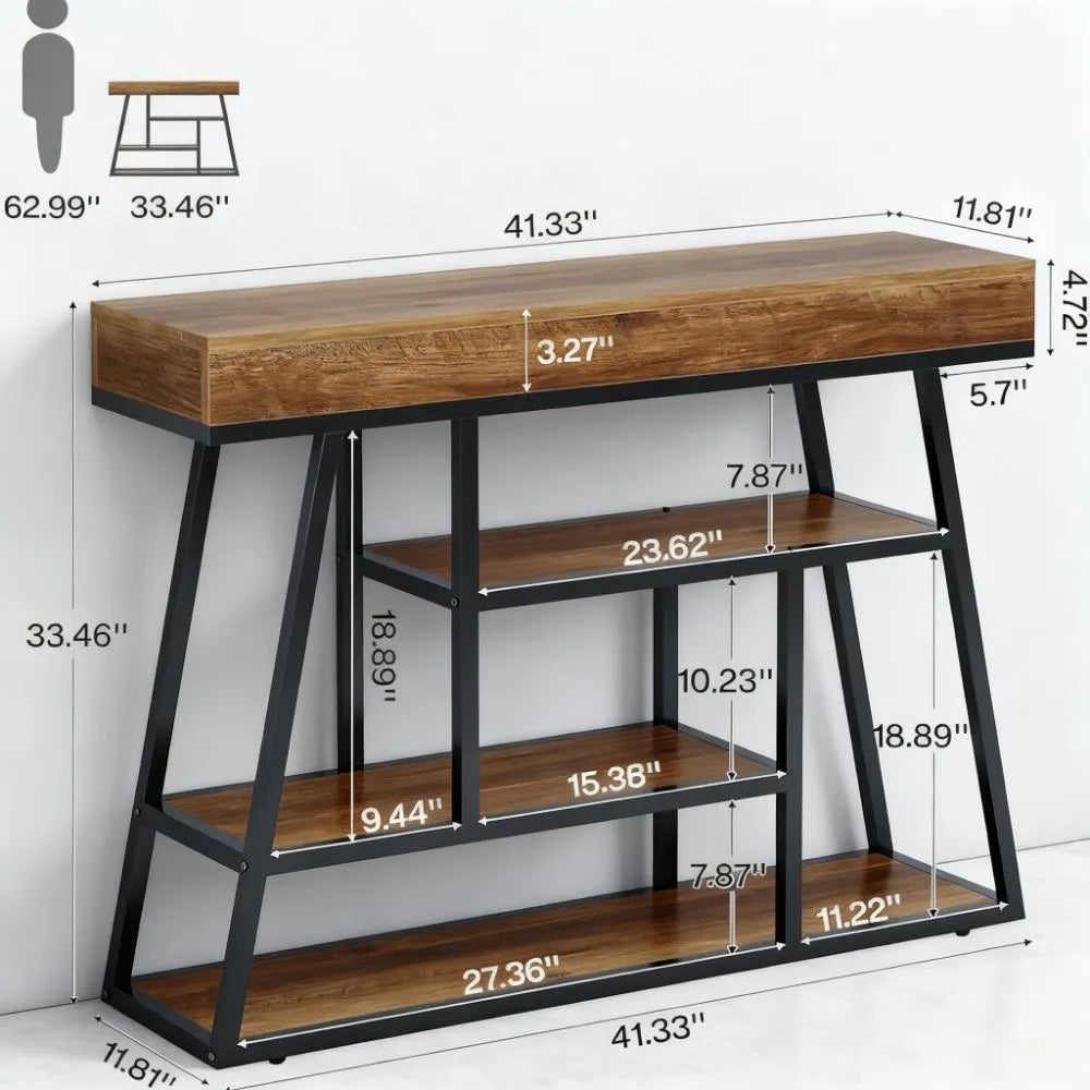4-Tier Hallway Table - Vintage Wood Grain & Black Metal, 4.72" Thick Top for Storage & Decoration